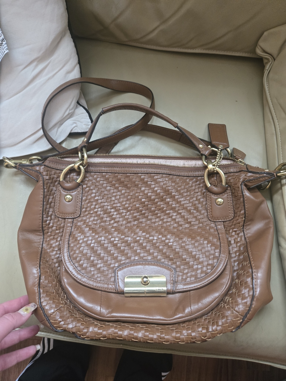 Coach Tan Woven Leather Crossbody Bag with Gold Hardware